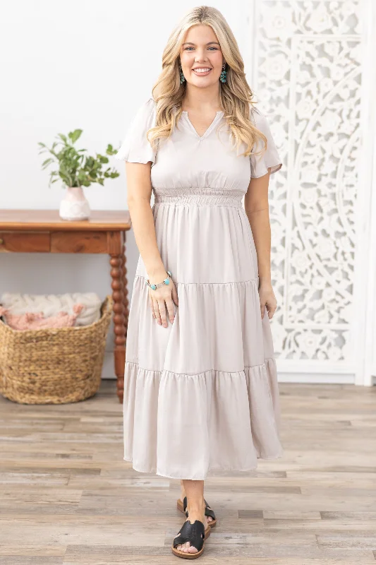 Beige Split Neck Tiered Midi Dress