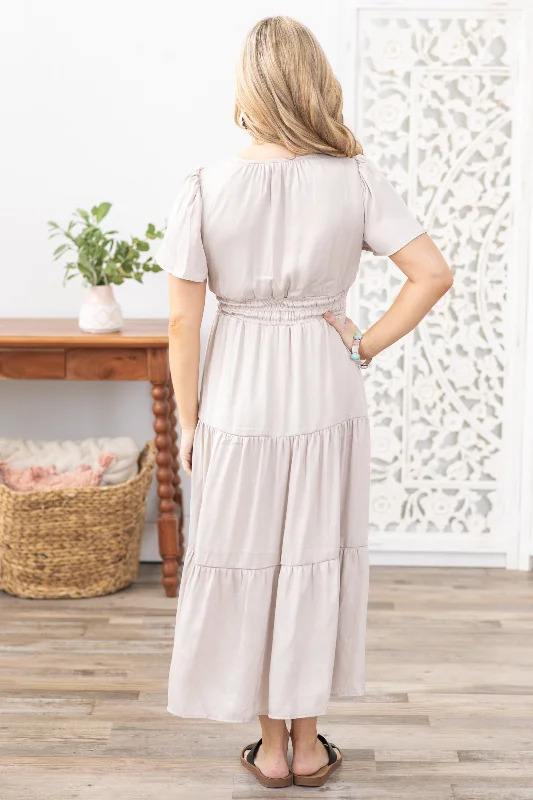 Beige Split Neck Tiered Midi Dress