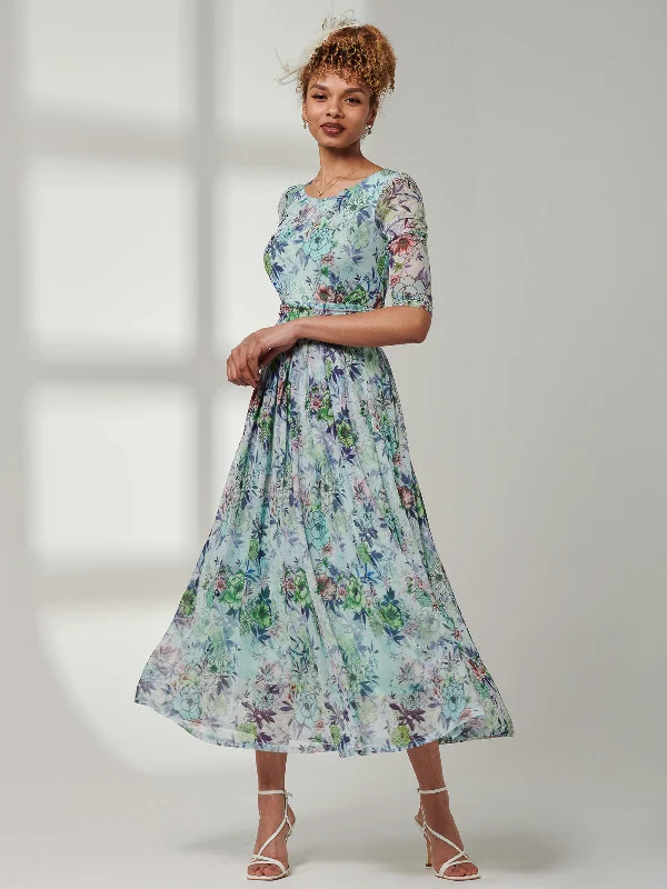 Bella Print 3/4 Sleeve Mesh Maxi Dress, Green Floral