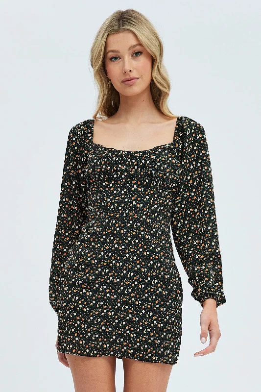 Black Floral Midi Dress Long Sleeve Gathering Bust