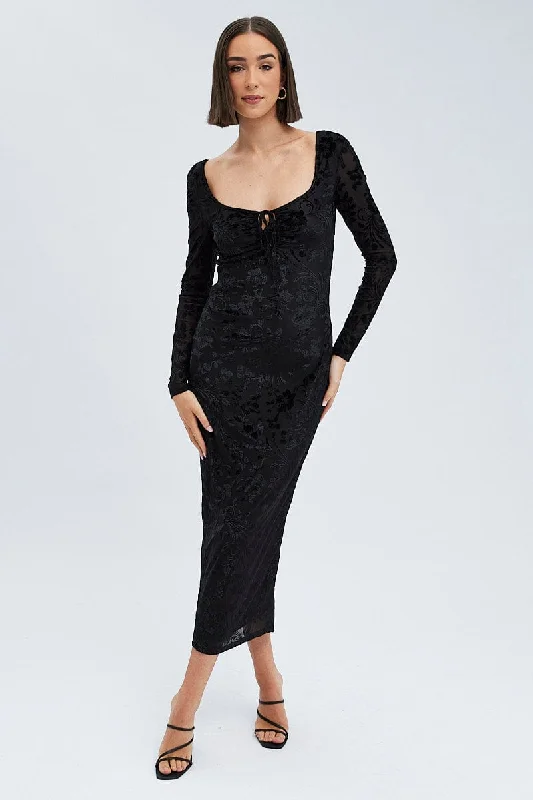 Black Midi Dress Long Sleeve Bodycon Mesh