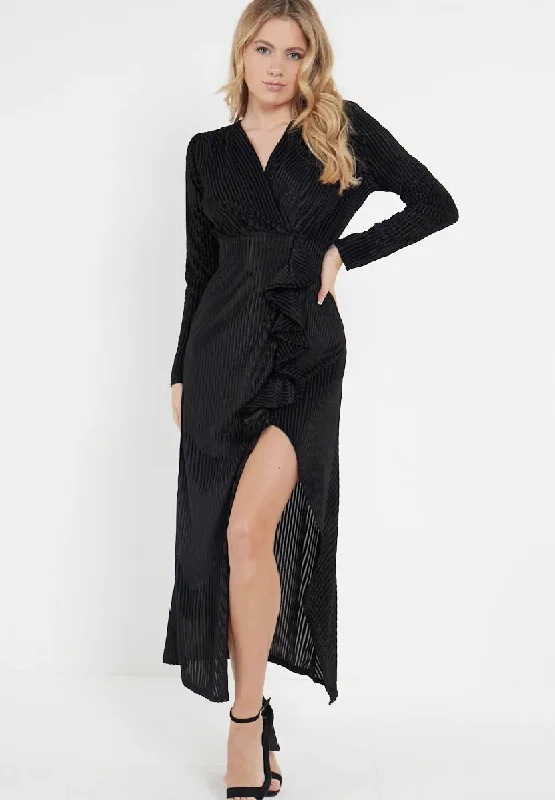 Black Velvet Plisse Ruffle Wrap Dress