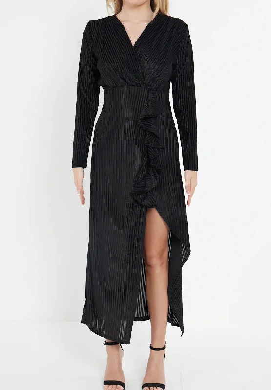 Black Velvet Plisse Ruffle Wrap Dress