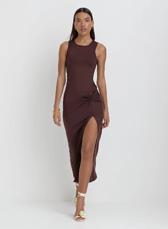 Brown Slinky Side Split Maxi Dress- Lorena