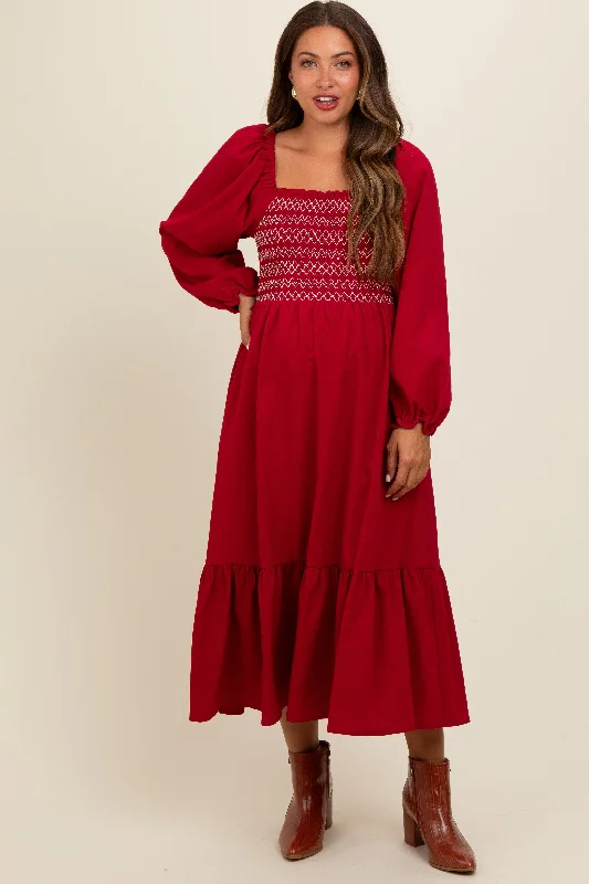 Burgundy Contrast Smocked Balloon Sleeve Maternity Midi Dress