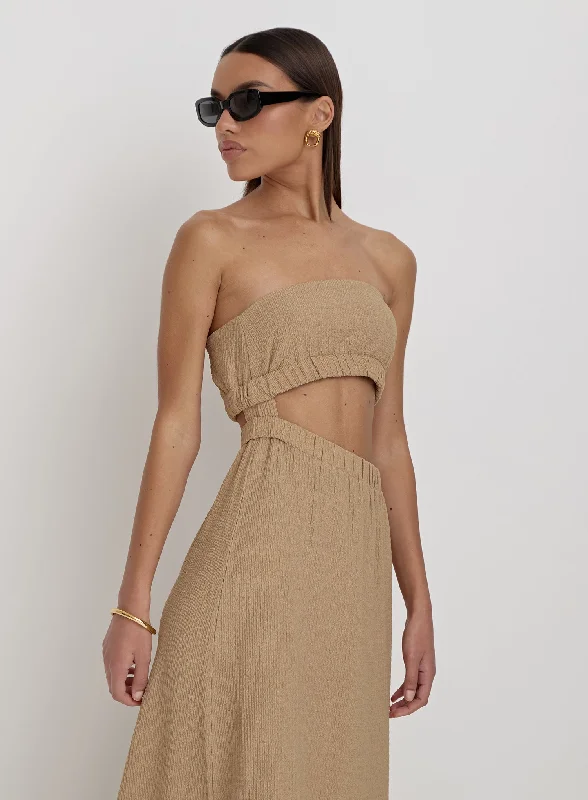 Camel Textured Cut Out Bandeau Maxi Dress- Angie