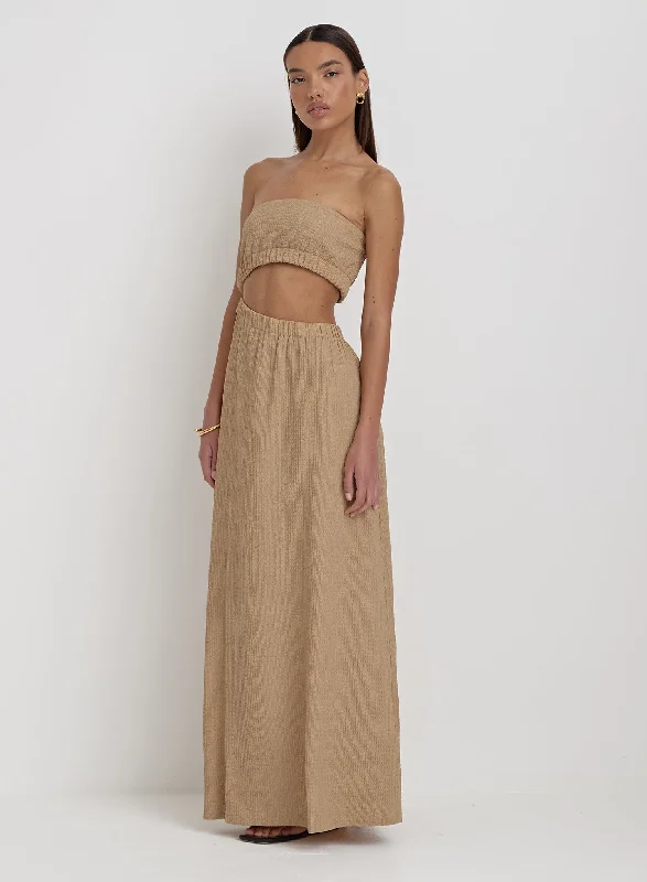 Camel Textured Cut Out Bandeau Maxi Dress- Angie