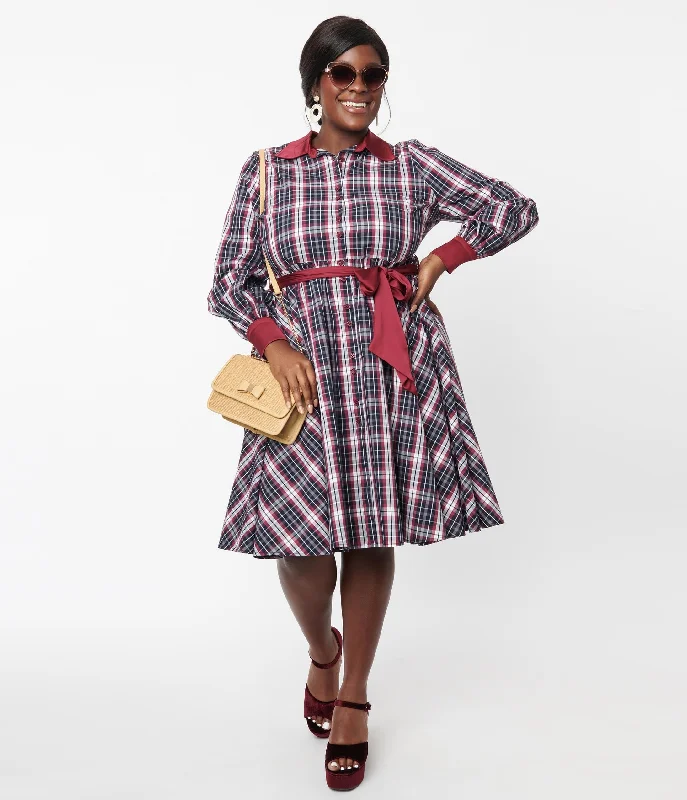 Unique Vintage Plus Size Navy & Burgundy Plaid Shirtdress