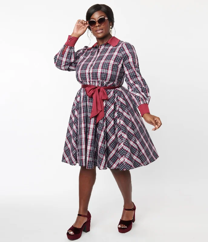 Unique Vintage Plus Size Navy & Burgundy Plaid Shirtdress