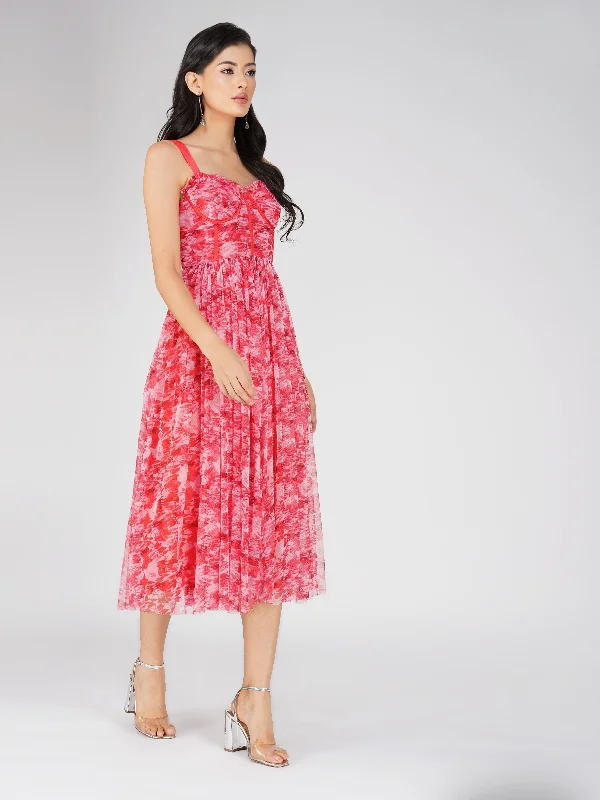 Dane Red Printed Corset Midi Dress