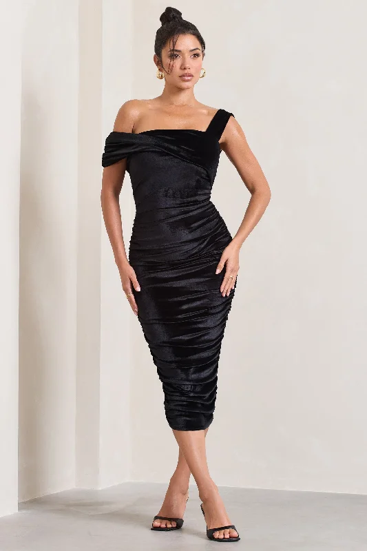 Daniela | Black Velvet One Shoulder Ruched Midi Dress