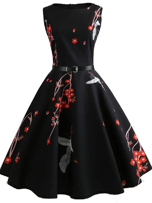 BerriesJam - Floral Print Vintage Elegant Swing Rockabilly Party Dress