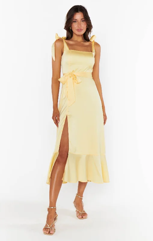 Garden Midi Dress ~ Pale Yellow Luxe Satin