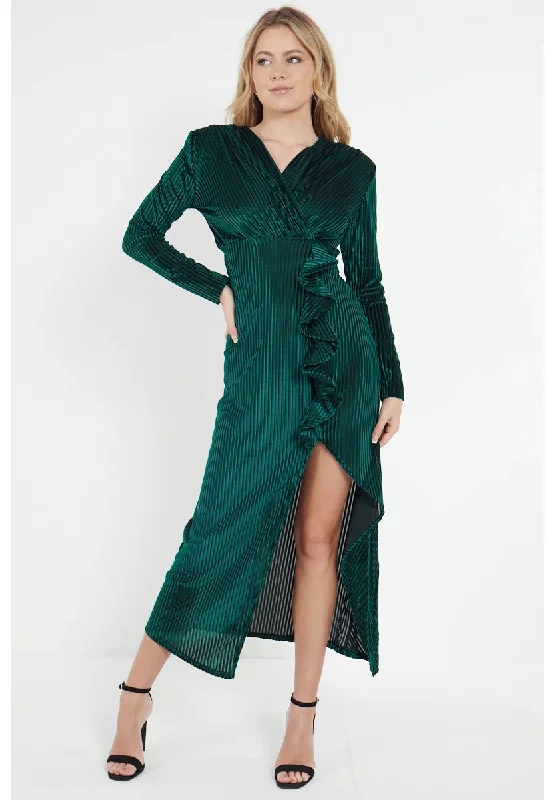 Green Velvet Plisse Ruffle Wrap Dress