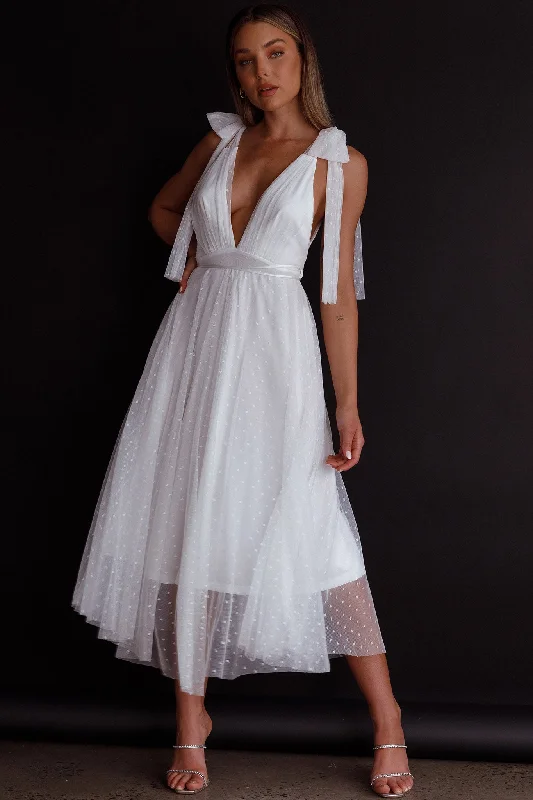 Kathryn Tied Shoulder Mesh Midi Dress White