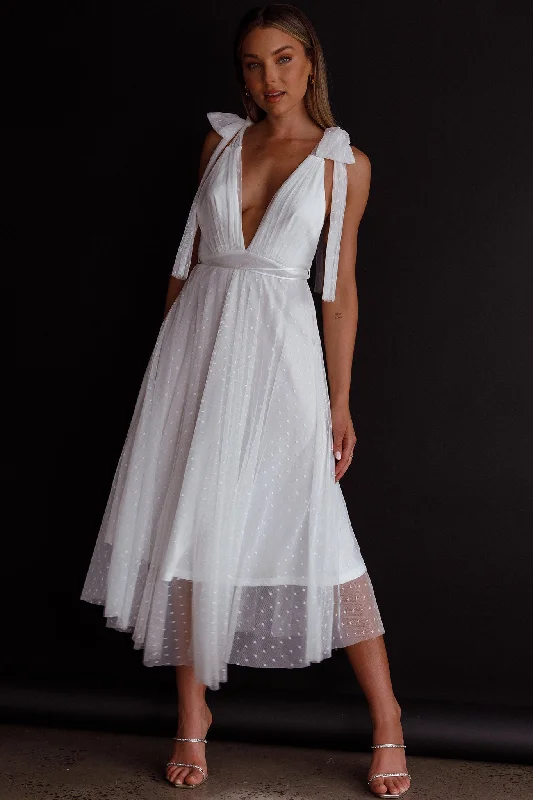 Kathryn Tied Shoulder Mesh Midi Dress White