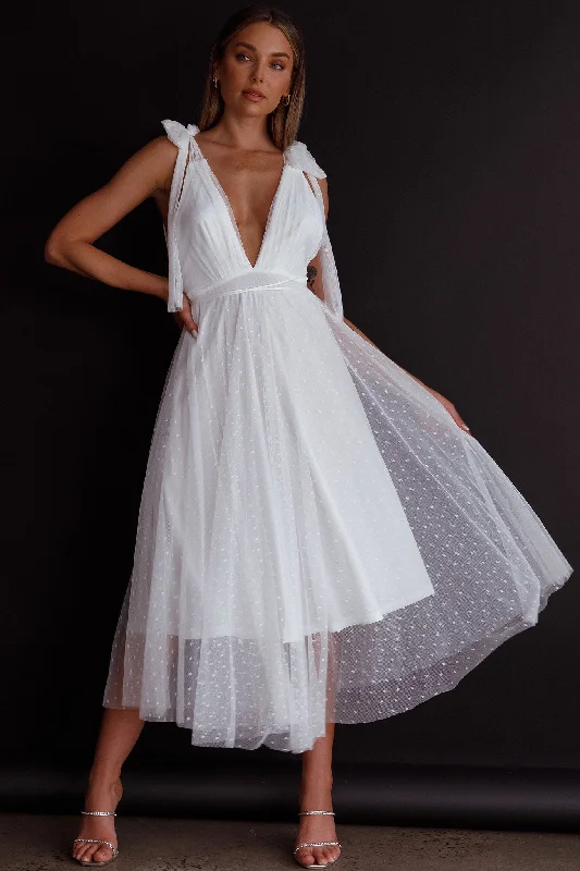 Kathryn Tied Shoulder Mesh Midi Dress White