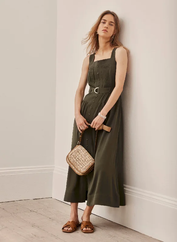 Khaki Pinafore Midi Dress