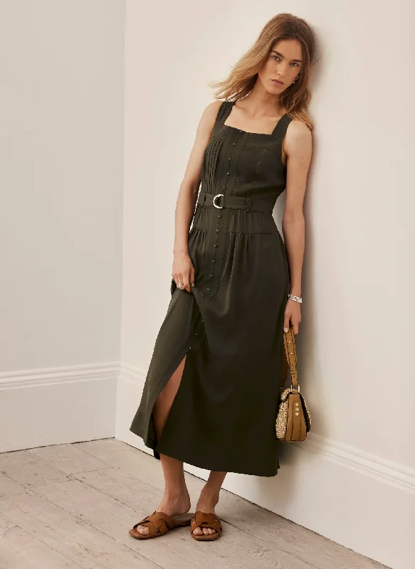 Khaki Pinafore Midi Dress