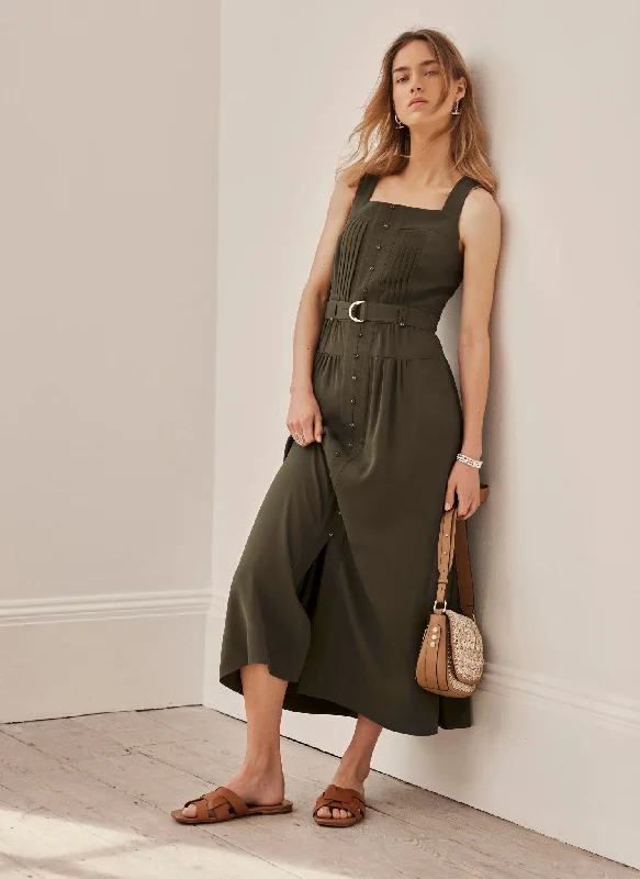 Khaki Pinafore Midi Dress