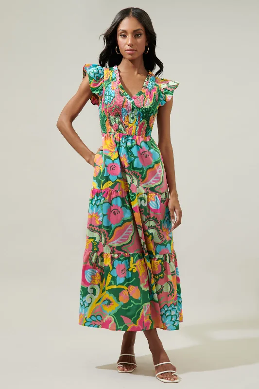 Lanai Multi Tropics Sunfire Smocked Bodice Tiered Midi Dress