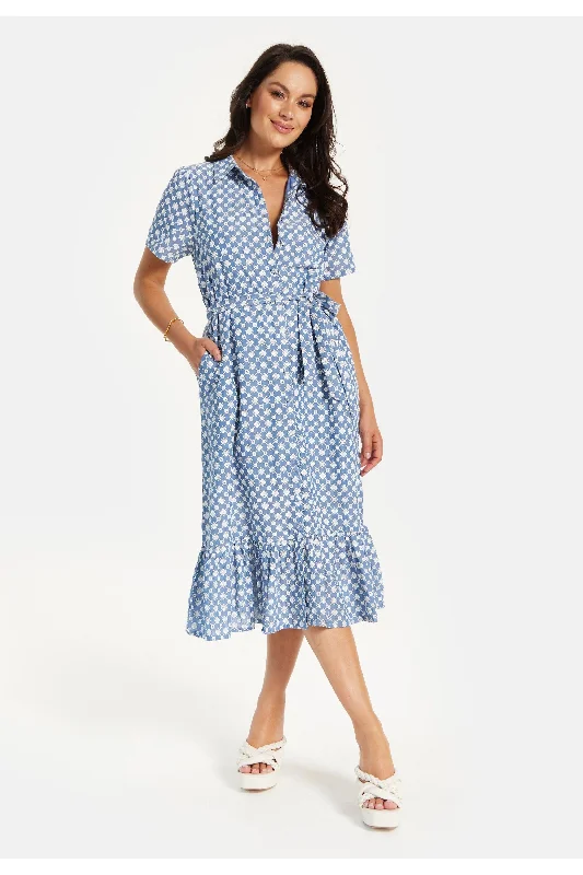 Liquorish Floral Embroidery Striped Dress In Blue