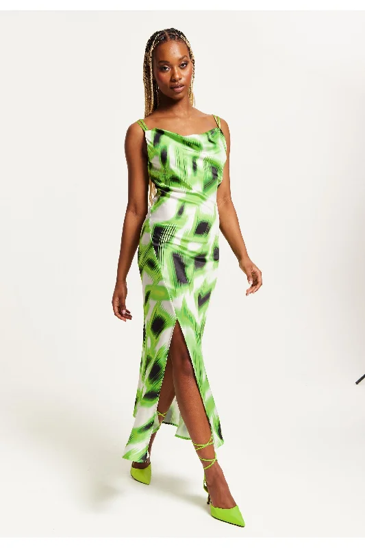 Liquorish Green And Black Abstract Print Cowl Neck Midi Dress