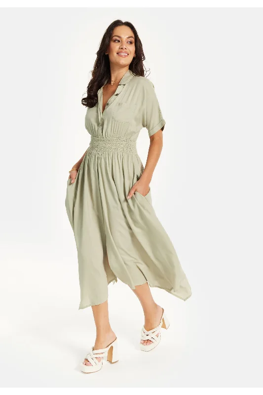 Liquorish Khaki Elasticated Waist Shirt Dress