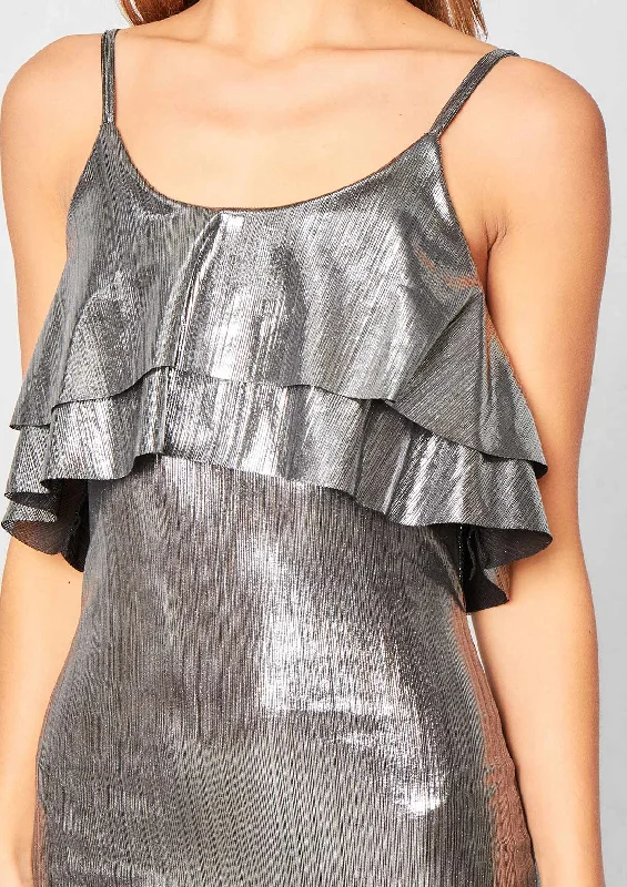 Narella Silver Metallic Frill Midi Dress