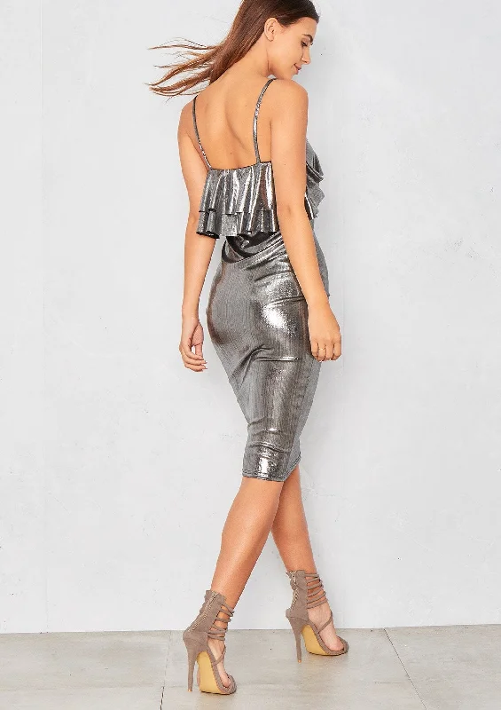 Narella Silver Metallic Frill Midi Dress