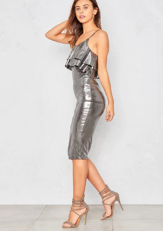 Narella Silver Metallic Frill Midi Dress