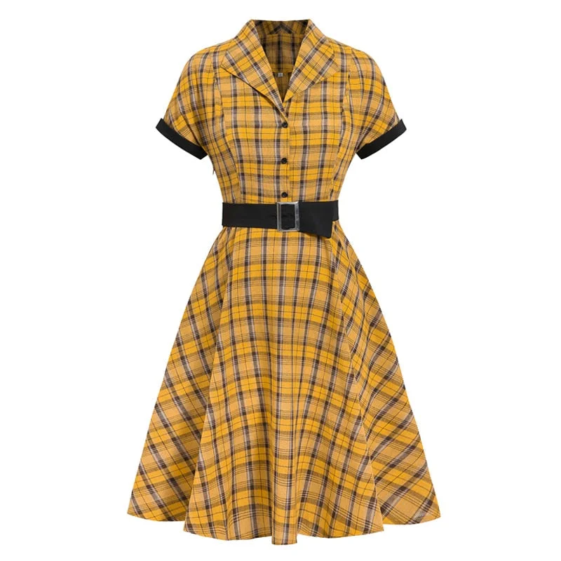 BerriesJam - 2024 Plaid Button Up High Waist Belted A Line Elegant Dress