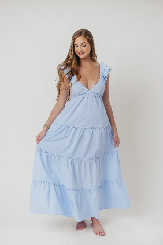 Bliss Tiered Maxi Dress with Ruffled Sleeves in Light Blue