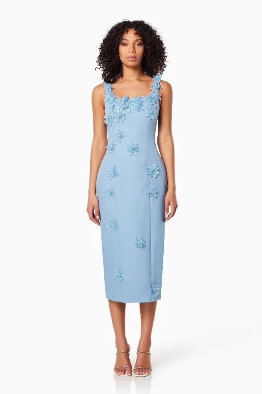 Prague 3D Floral Midi Dress In Blue