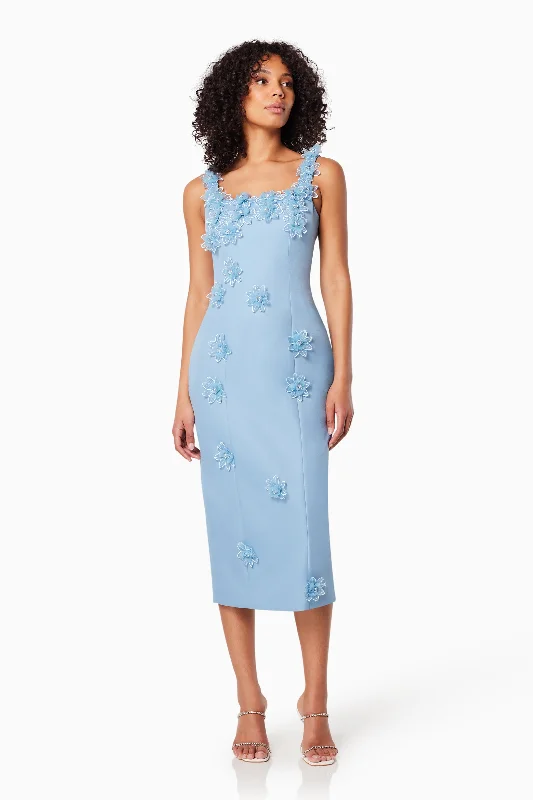 Prague 3D Floral Midi Dress In Blue