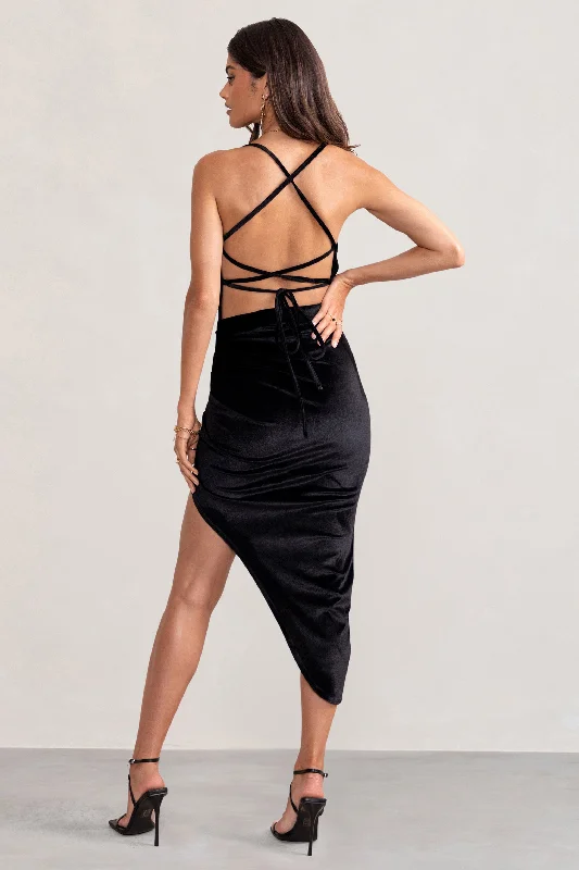 Risk It All | Black Velvet Cami Cowl Neck Asymmetric Hem Midi Dress