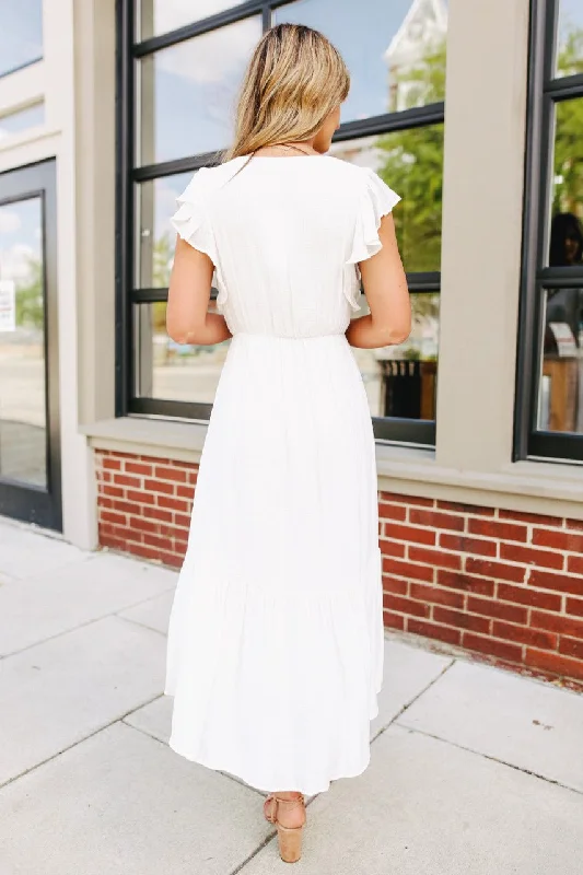 Ruffle Sleeve Surplice White Midi Dress