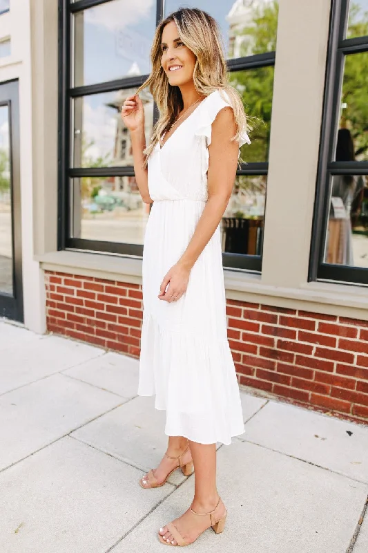 Ruffle Sleeve Surplice White Midi Dress