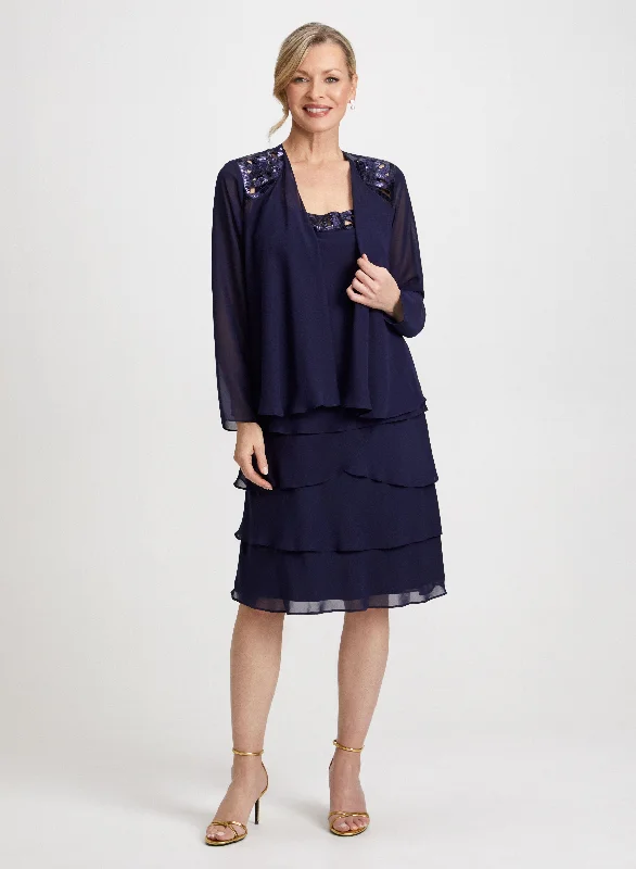 Sequin Trim Chiffon Dress & Jacket Set