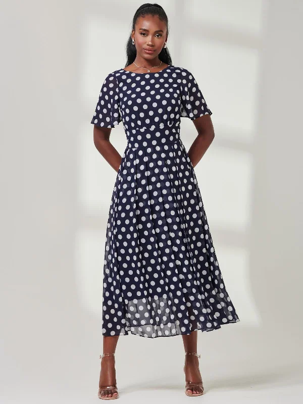 Spotted Chiffon Fit & Flare Midi Dress, Navy Spot