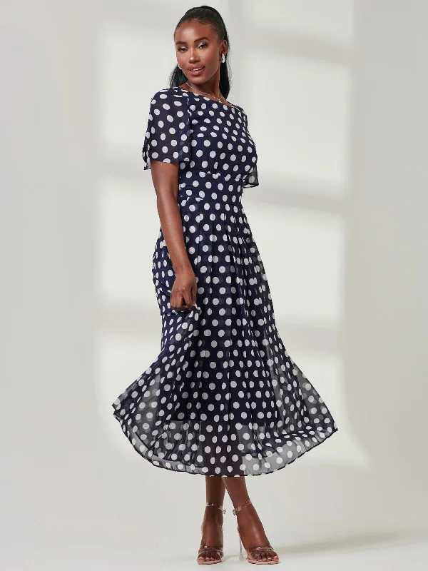 Spotted Chiffon Fit & Flare Midi Dress, Navy Spot