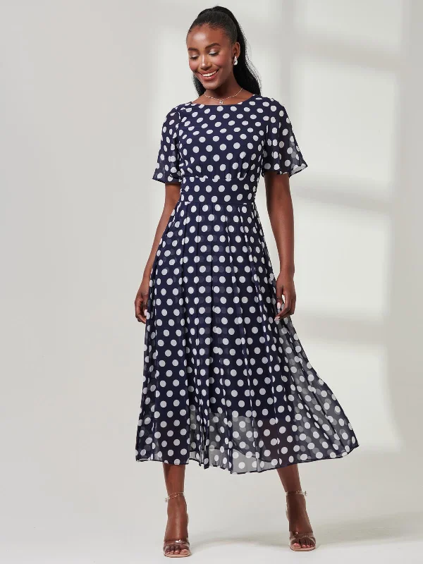 Spotted Chiffon Fit & Flare Midi Dress, Navy Spot