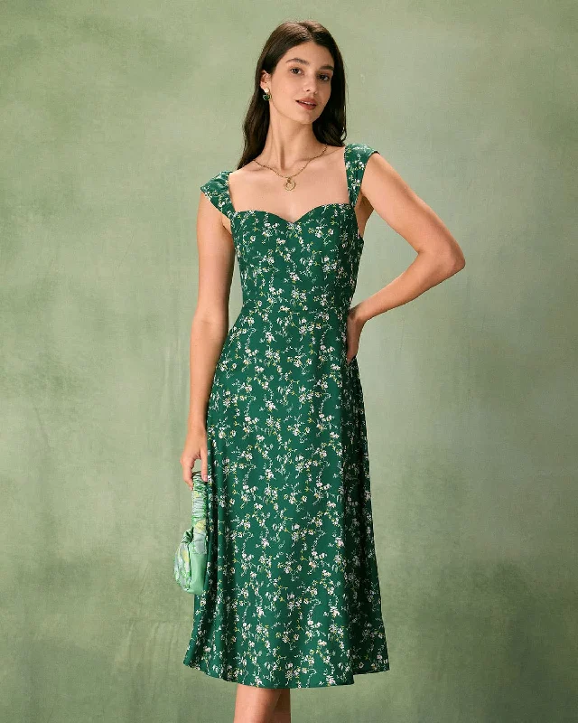 The Green Sweetheart Neck Floral Midi Dress