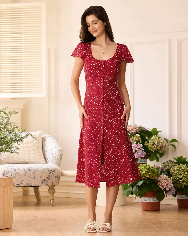 The Red U Neck Polka Dot Midi Dress