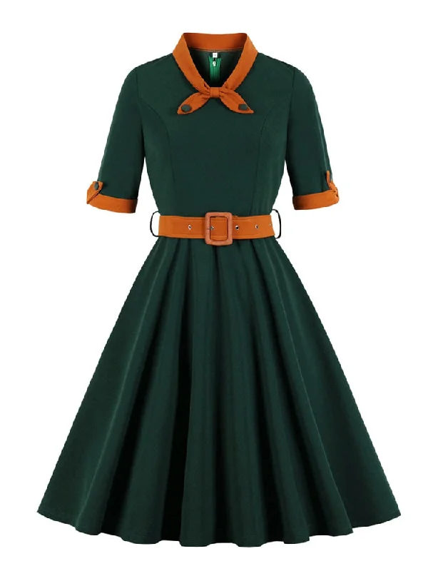 BerriesJam - 2024 Tonval Green Contrast Bow Neck Belted Dress