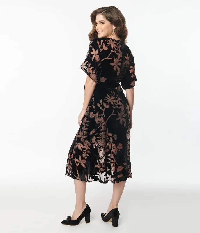 Unique Vintage 1970s Black Floral Velvet Wrap Midi Dress