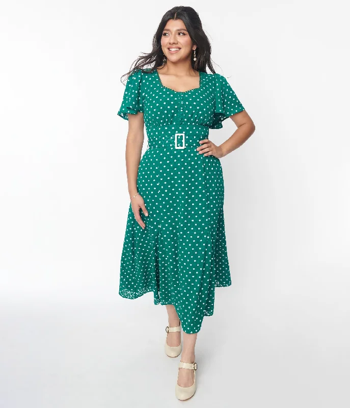 Unique Vintage 1940s Green & White Polka Dot Godet Midi Dress