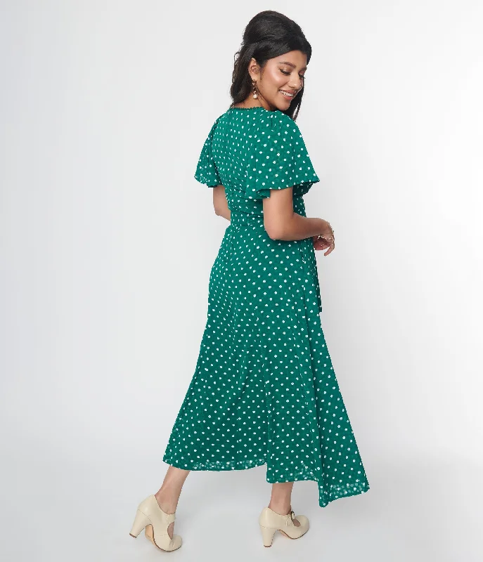 Unique Vintage 1940s Green & White Polka Dot Godet Midi Dress