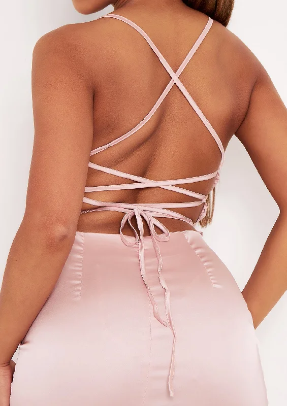 Vennie Pink Cowl Lace Up Back Midi Bodycon Dress