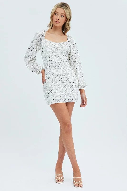 White Floral Midi Dress Long Sleeve Gathering Bust